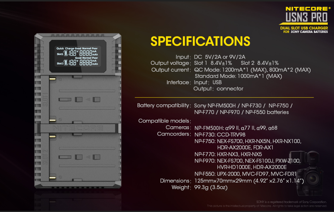 NITECORE USN3 Pro USB-lader [max 1200mA] met indicator [2x Sony NP-FM500H/NP-F730/NP-F750/NP-F770/NP-F970/NP-F550]